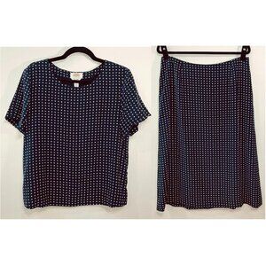 EUC Vintage 100% Silk Geo Print Top Skirt Set Navy White tag 14, L